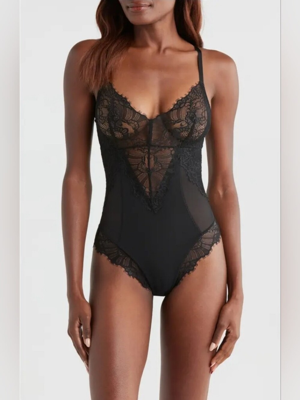 Pinsy Smoothing Lace Shapewear Bodysuit In Black. Size L